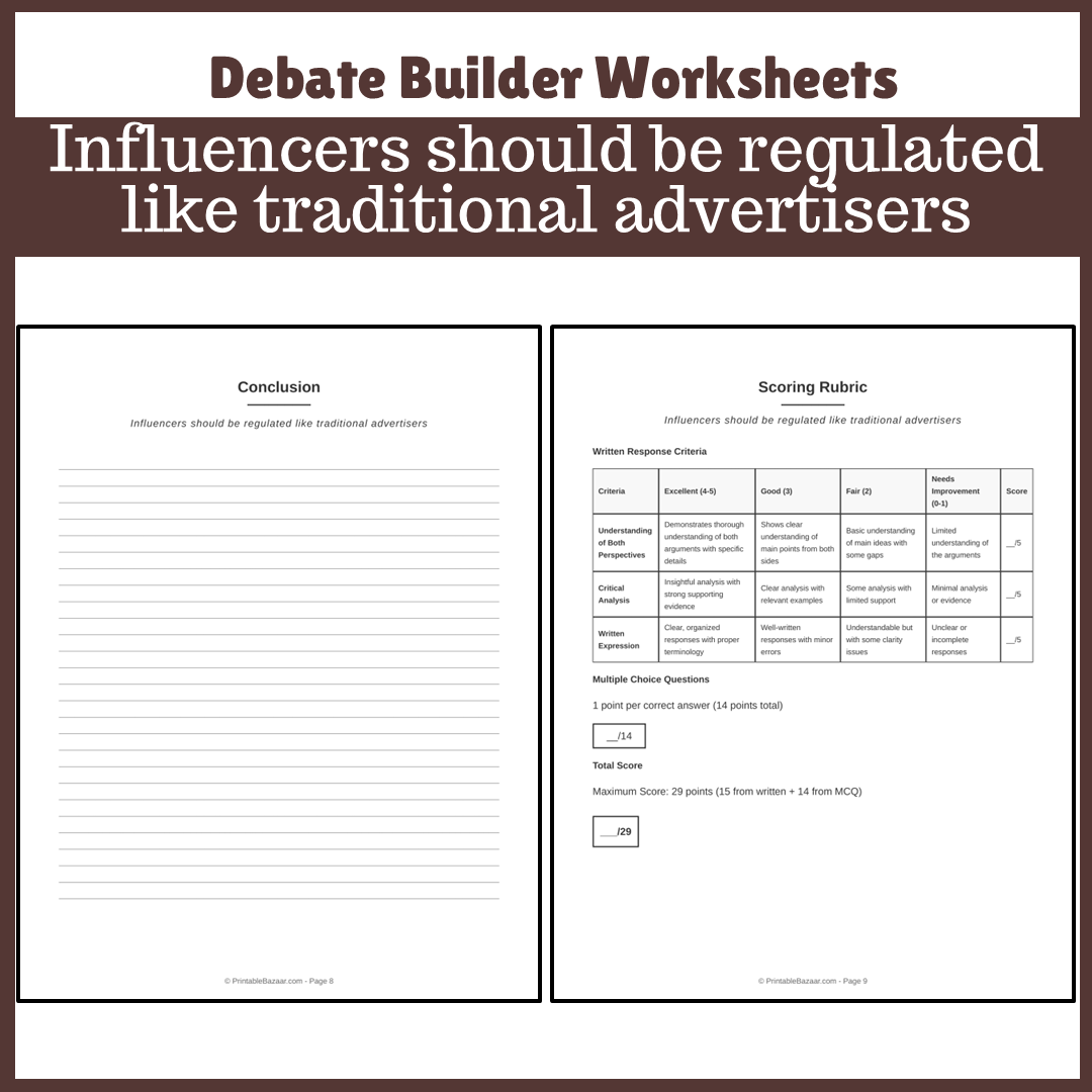 Influencers should be regulated like traditional advertisers | Favour and Against Worksheet Printable Activity