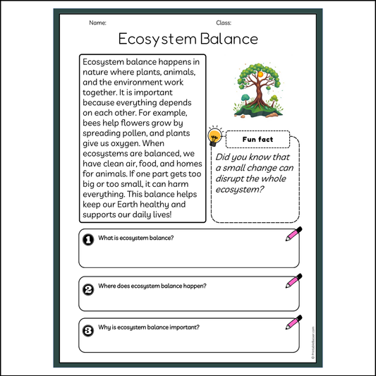 Ecosystem Balance | Reading Passage Comprehension Questions Writing Facts Worksheet