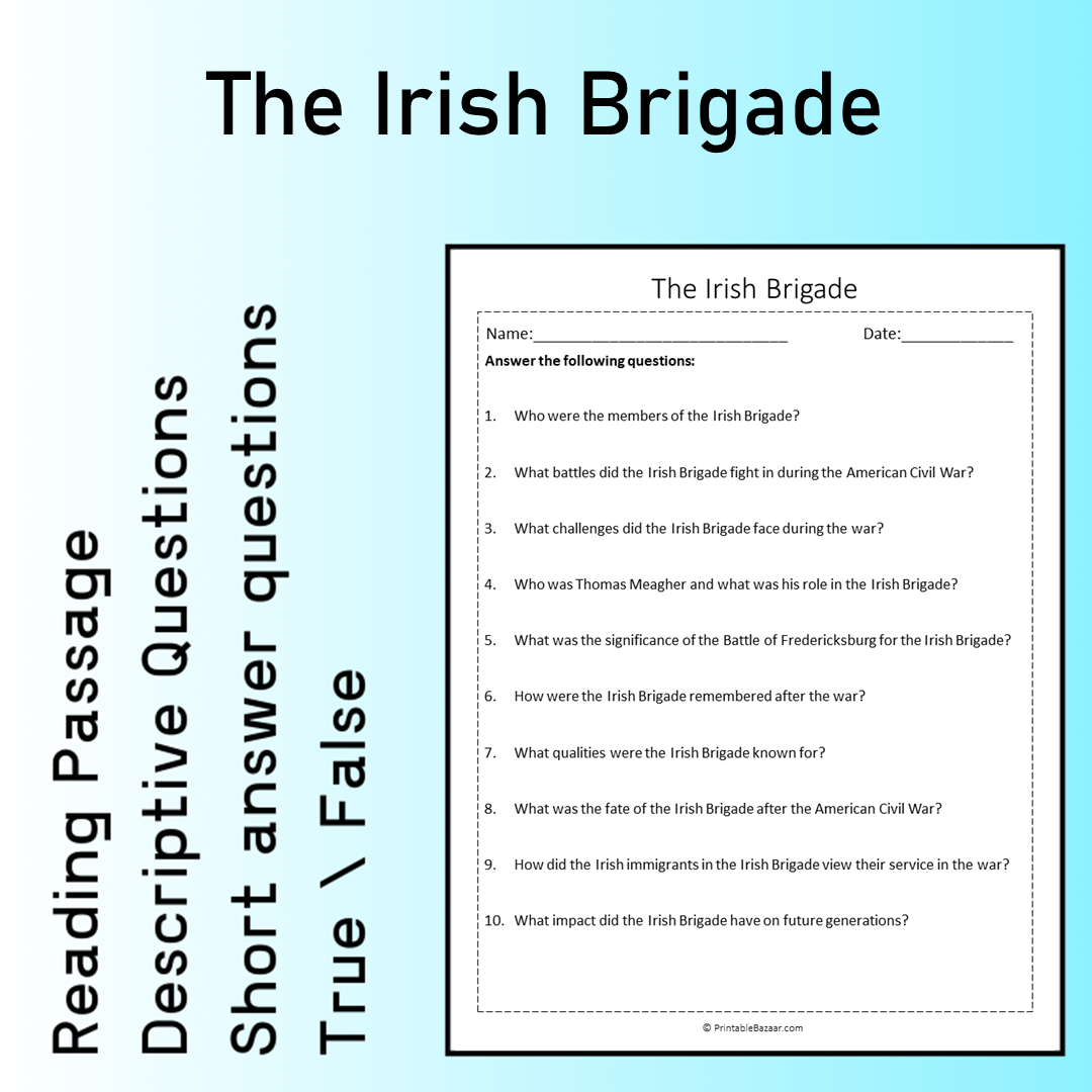 The Irish Brigade | Reading Comprehension Passage Printable Worksheet