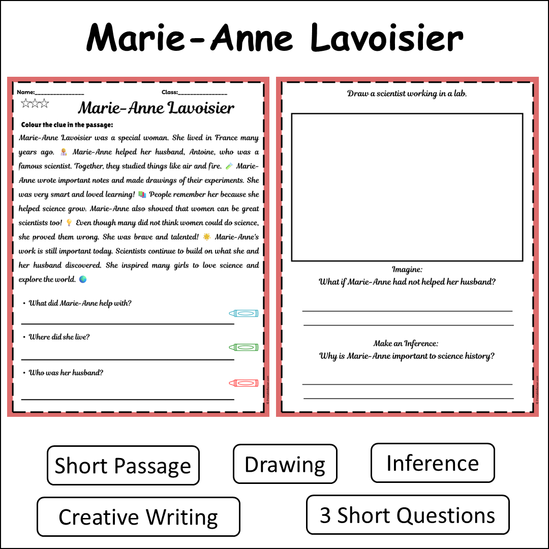 Marie-Anne Lavoisier | Short Reading Comprehension Creative Worksheet