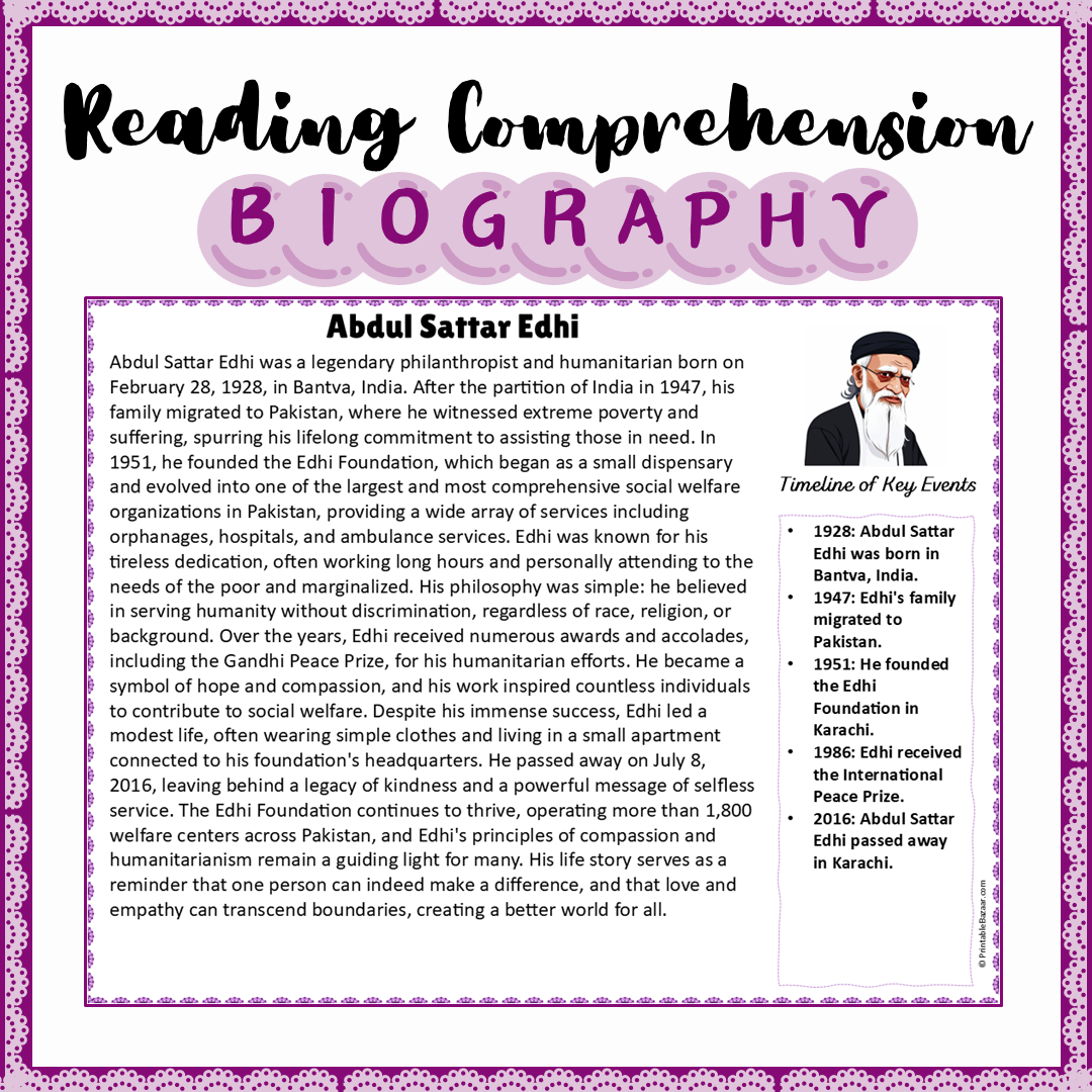 Abdul Sattar Edhi | Biography Reading Comprehension and Questions Worksheet