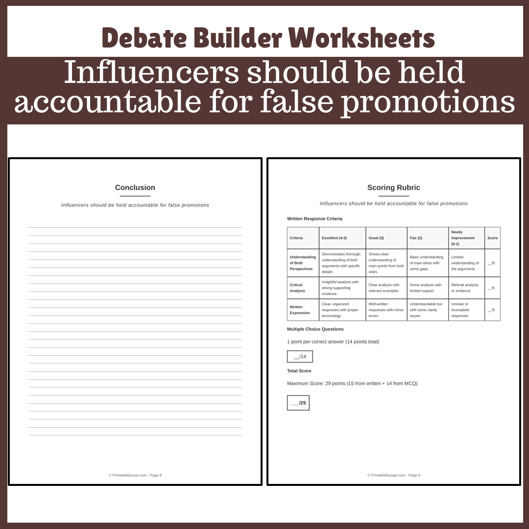 Influencers should be held accountable for false promotions | Favour and Against Worksheet Printable Activity