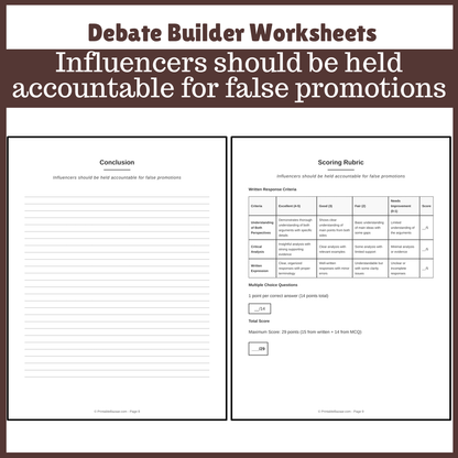 Influencers should be held accountable for false promotions | Favour and Against Worksheet Printable Activity