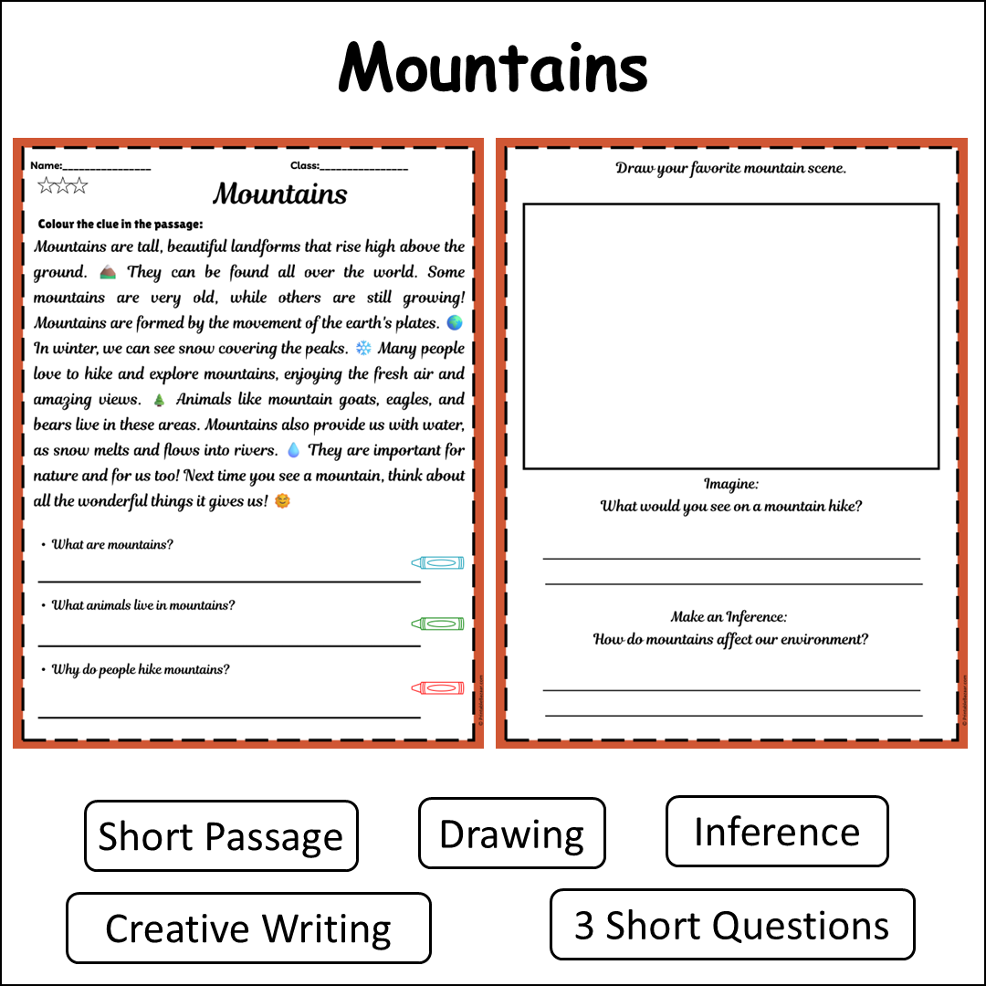 Mountains | Short Reading Comprehension Creative Worksheet