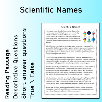 Scientific Names | Reading Comprehension Passage Printable Worksheet