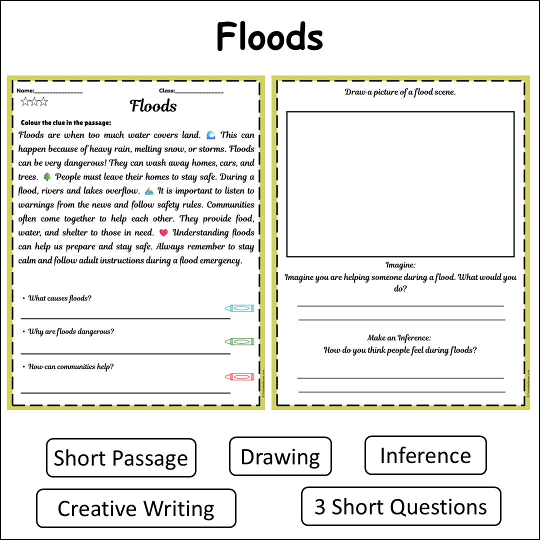 Floods | Short Reading Comprehension Creative Worksheet