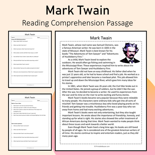 Mark Twain | Reading Comprehension Passage Printable Activity