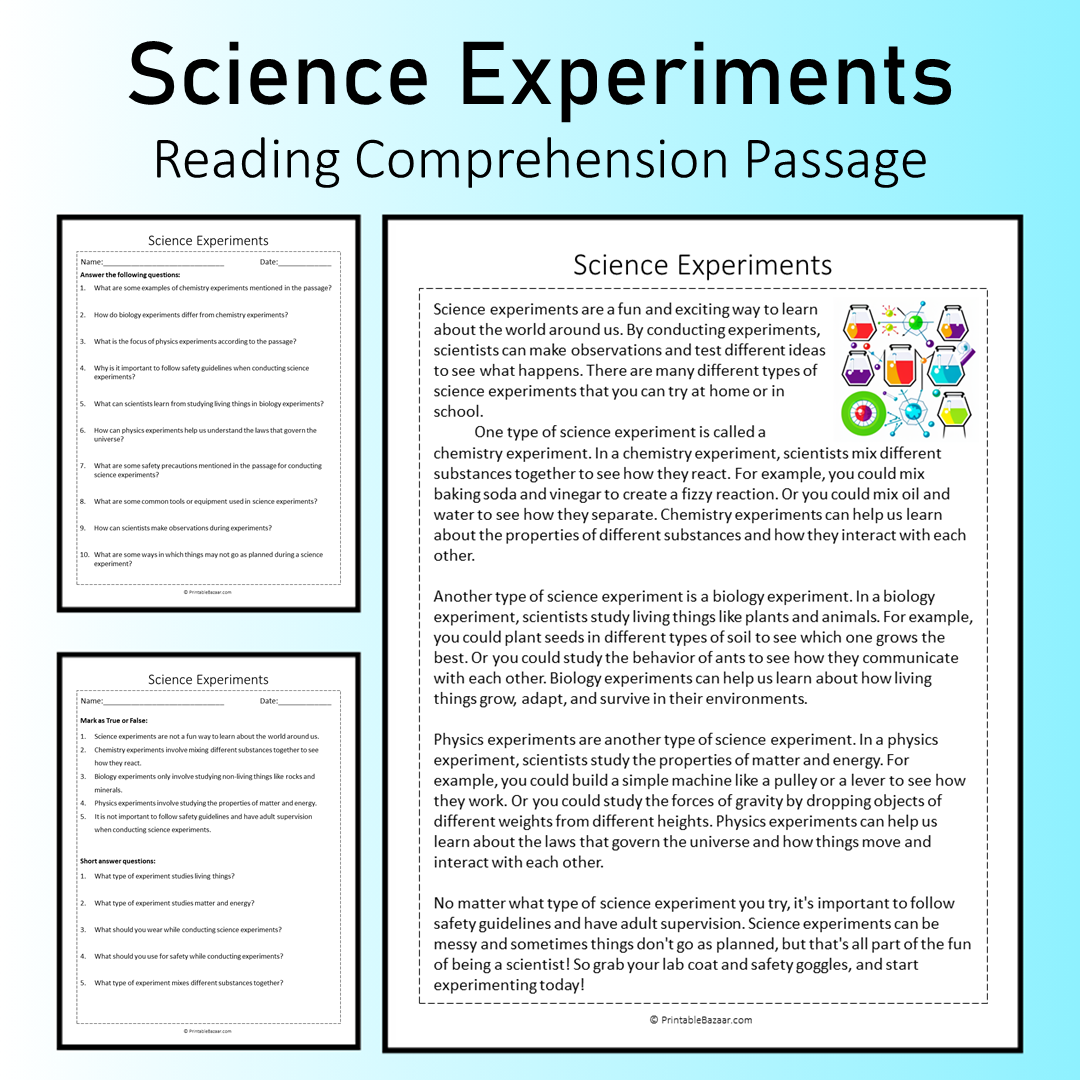 Science Experiments | Reading Comprehension Passage Printable Worksheet
