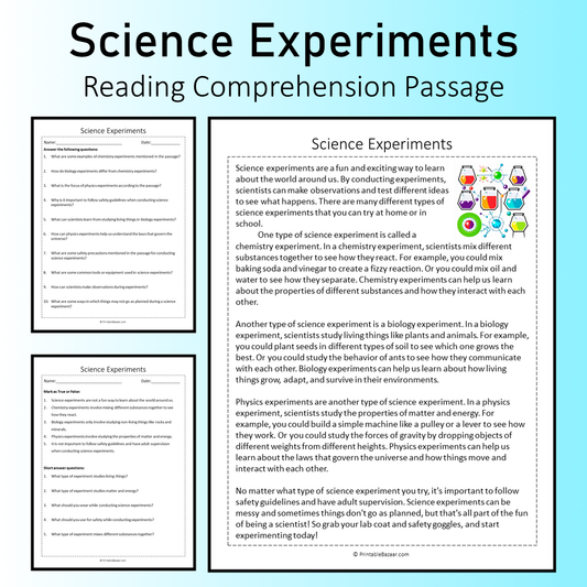 Science Experiments | Reading Comprehension Passage Printable Worksheet