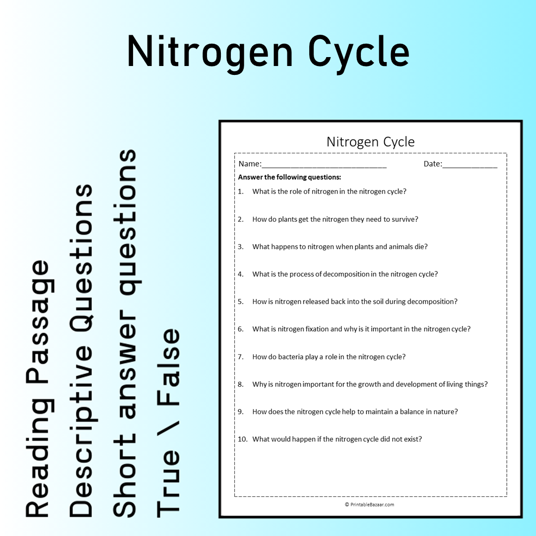 Nitrogen Cycle | Reading Comprehension Passage Printable Worksheet