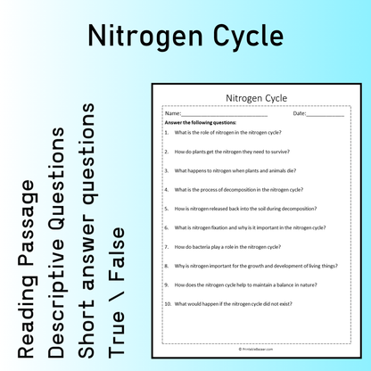 Nitrogen Cycle | Reading Comprehension Passage Printable Worksheet