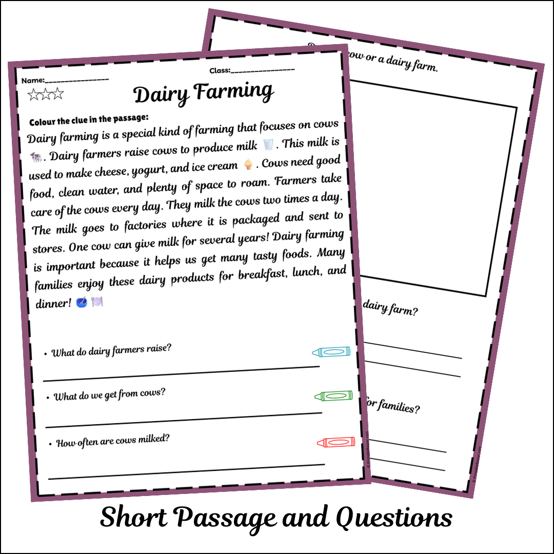 Dairy Farming | Short Reading Comprehension Creative Worksheet