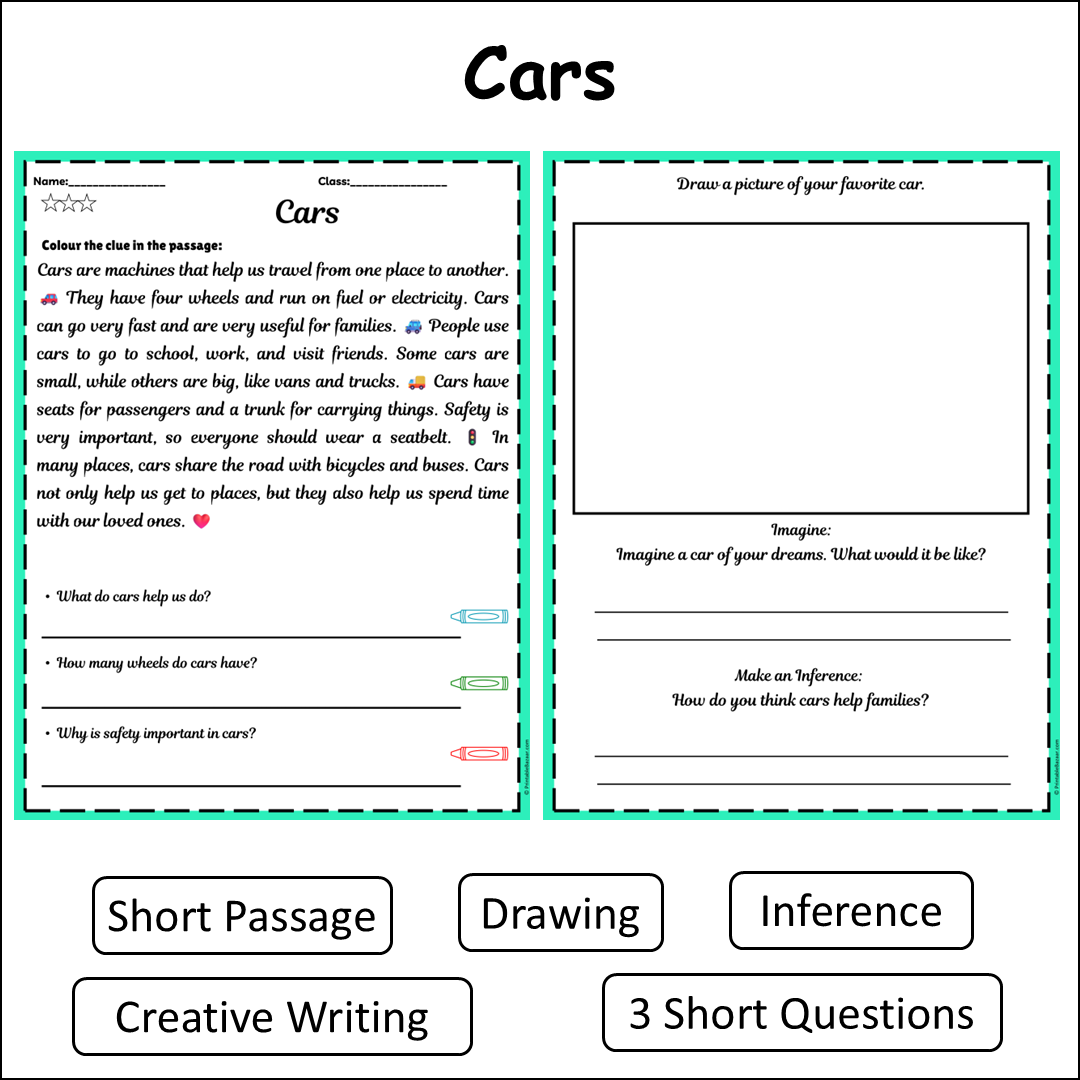 Cars | Short Reading Comprehension Creative Worksheet