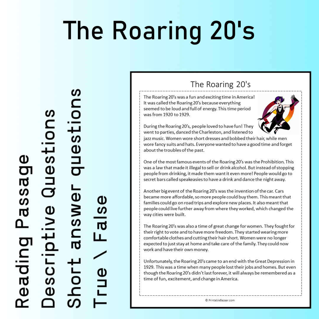 The Roaring 20's | Reading Comprehension Passage Printable Worksheet