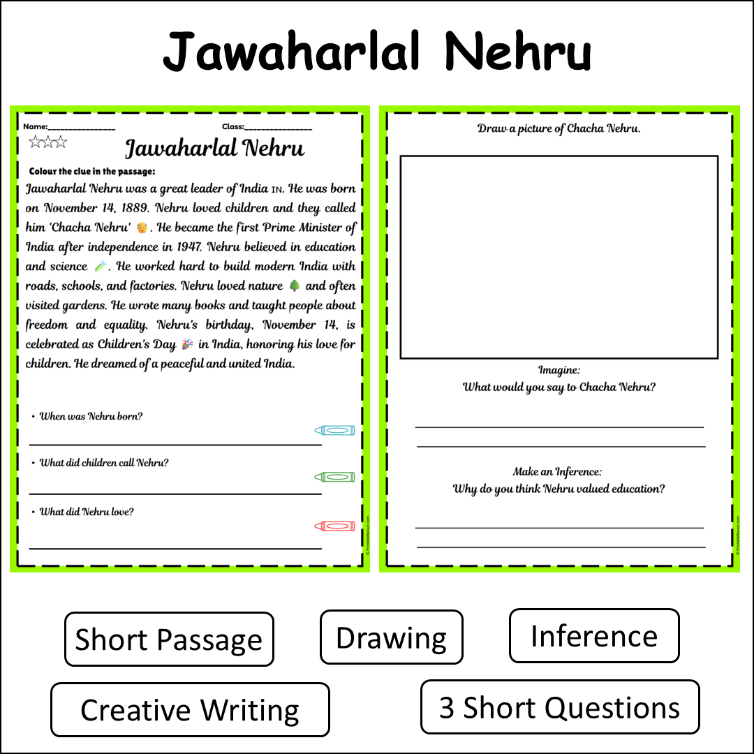 Jawaharlal Nehru | Short Reading Comprehension Creative Worksheet