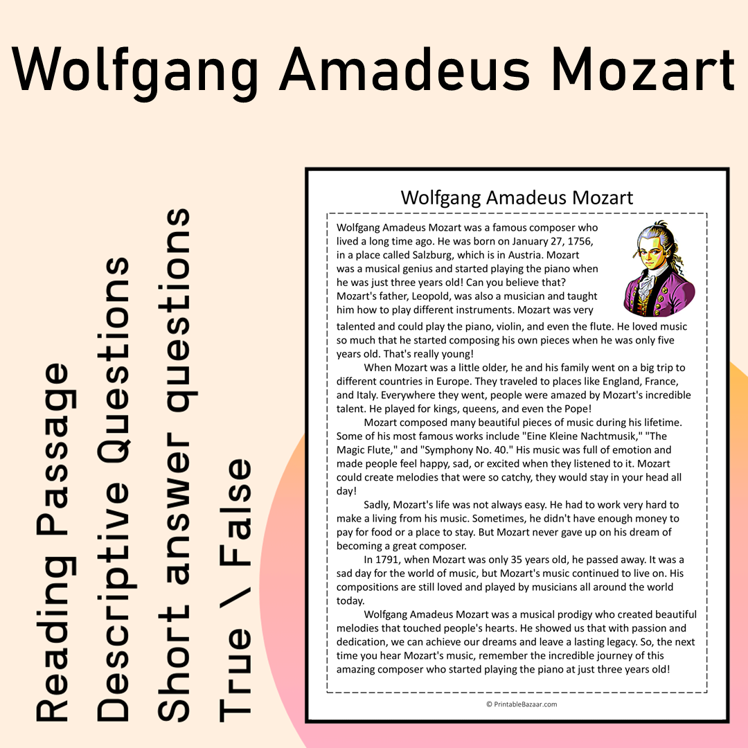 Wolfgang Amadeus Mozart | Reading Comprehension Passage Printable Activity