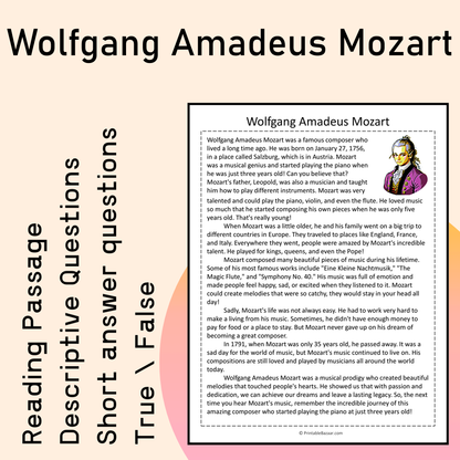 Wolfgang Amadeus Mozart | Reading Comprehension Passage Printable Activity