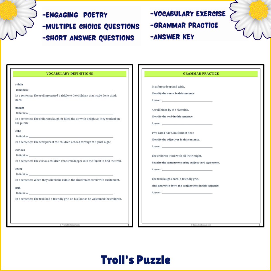 Troll's Puzzle | Poem Grammar Worksheet Printable Activity