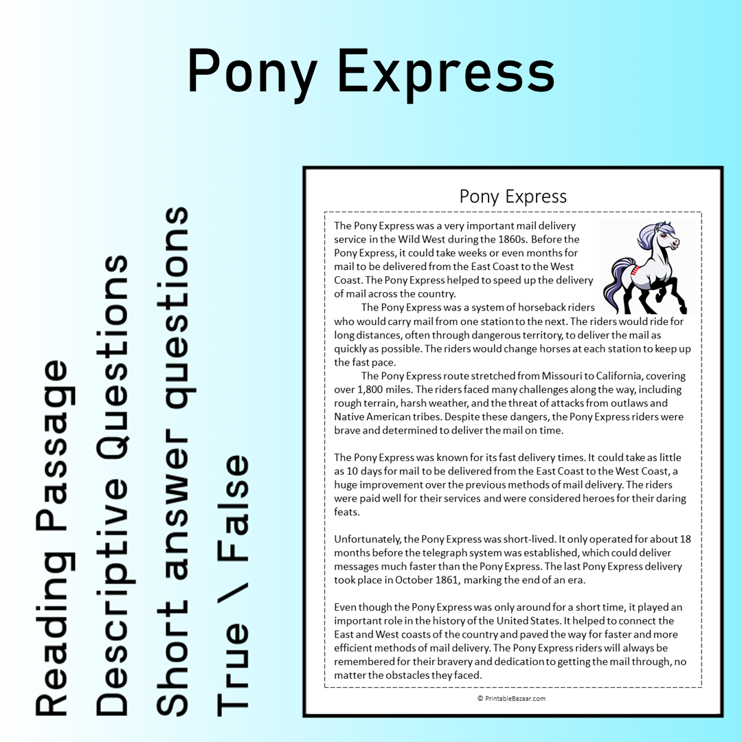 Pony Express | Reading Comprehension Passage Printable Worksheet