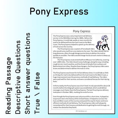 Pony Express | Reading Comprehension Passage Printable Worksheet