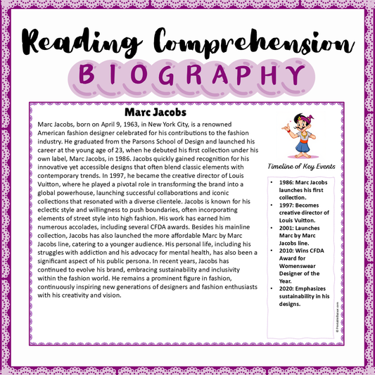 Marc Jacobs | Biography Reading Comprehension and Questions Worksheet