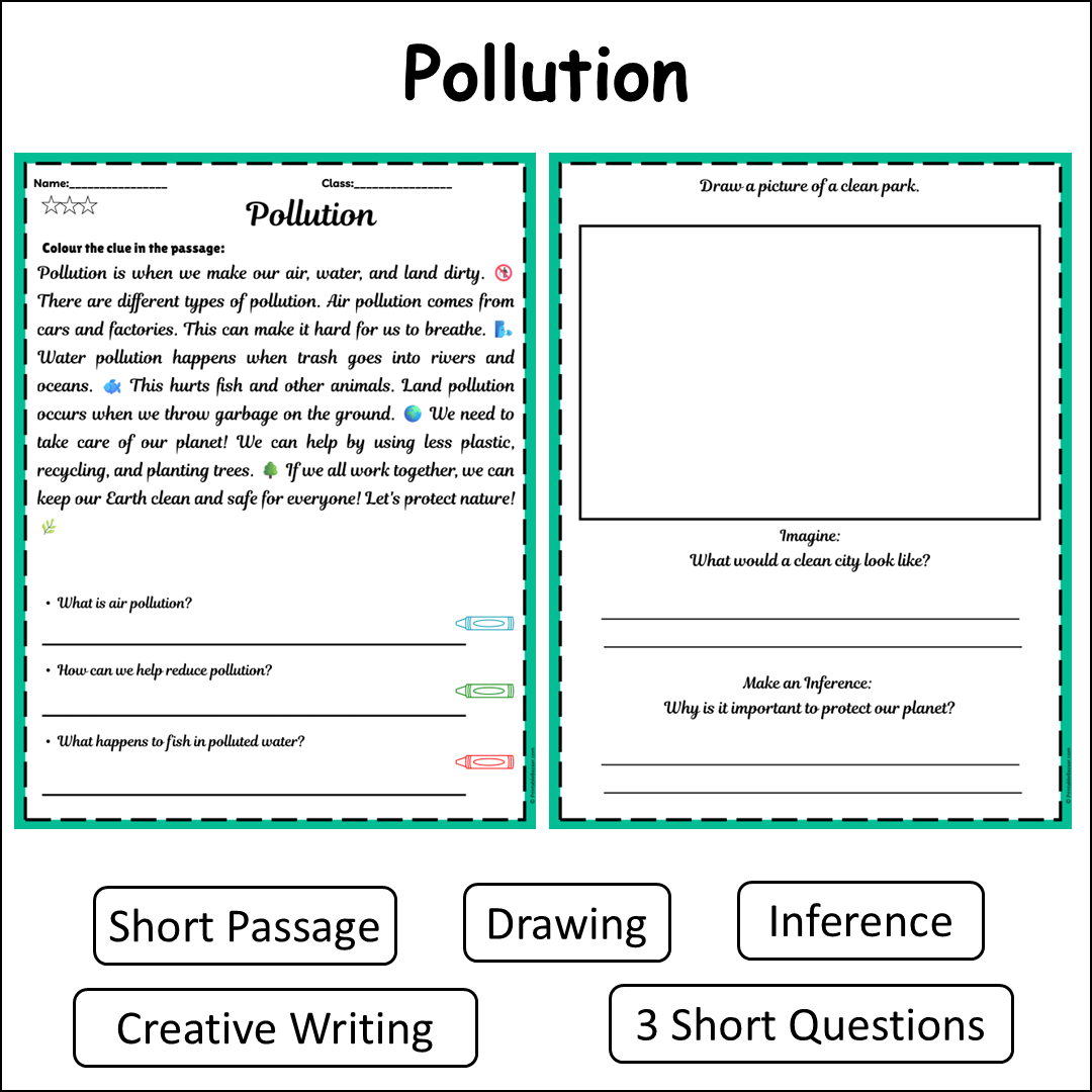 Pollution | Short Reading Comprehension Creative Worksheet