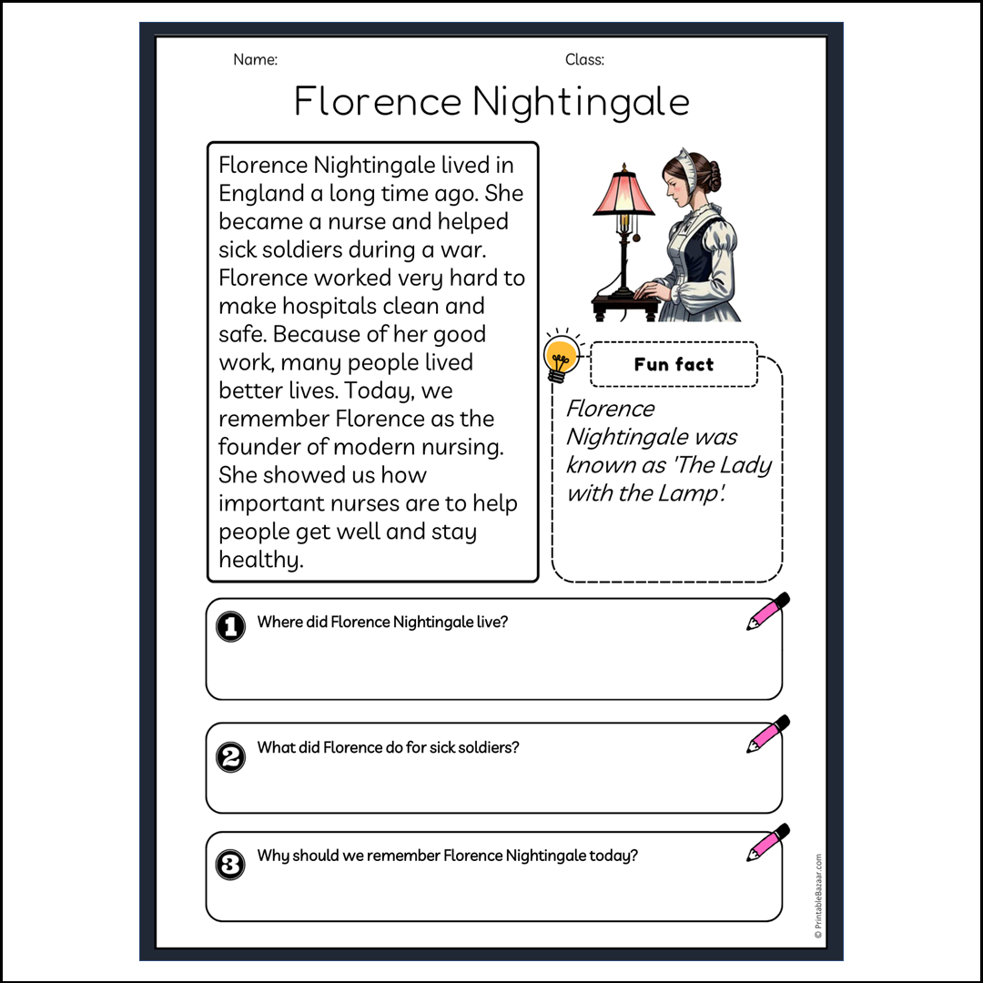 Florence Nightingale | Reading Passage Comprehension Questions Writing Facts Worksheet