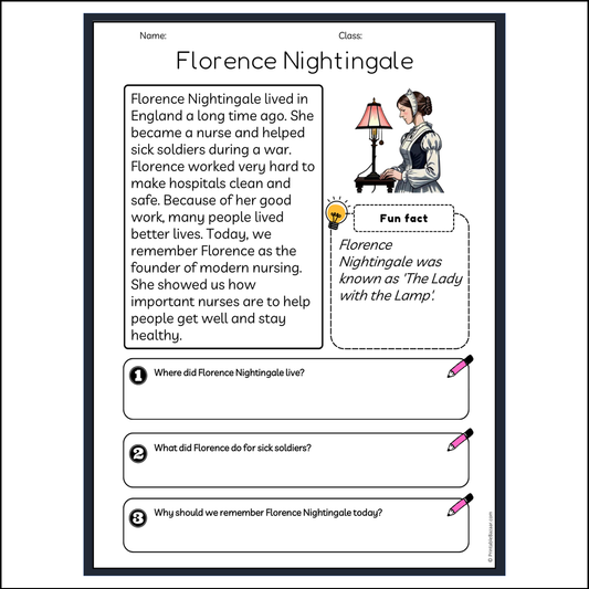 Florence Nightingale | Reading Passage Comprehension Questions Writing Facts Worksheet