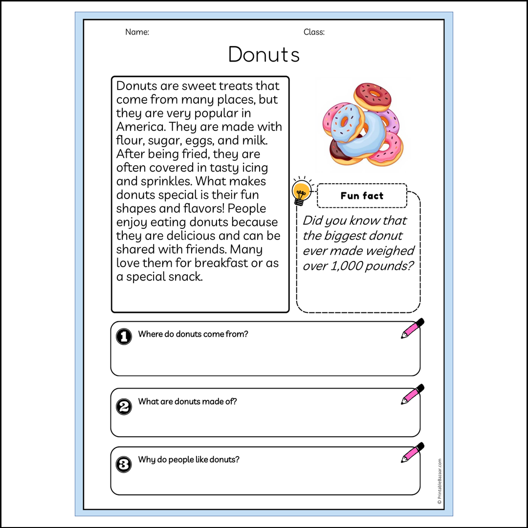 Donuts | Reading Passage Comprehension Questions Writing Facts Worksheet