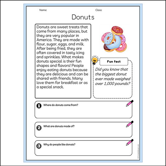 Donuts | Reading Passage Comprehension Questions Writing Facts Worksheet