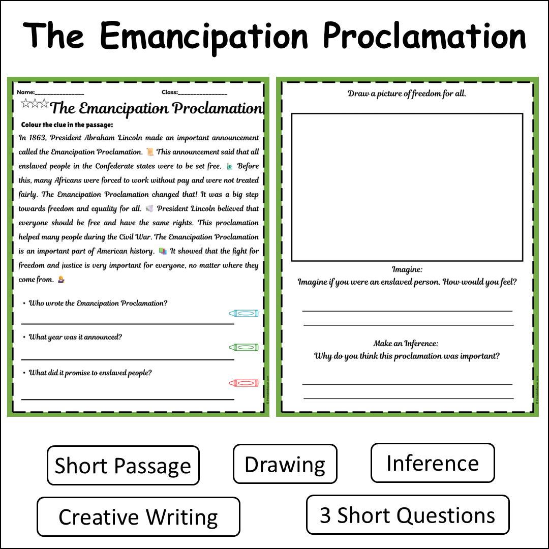 The Emancipation Proclamation | Short Reading Comprehension Creative Worksheet