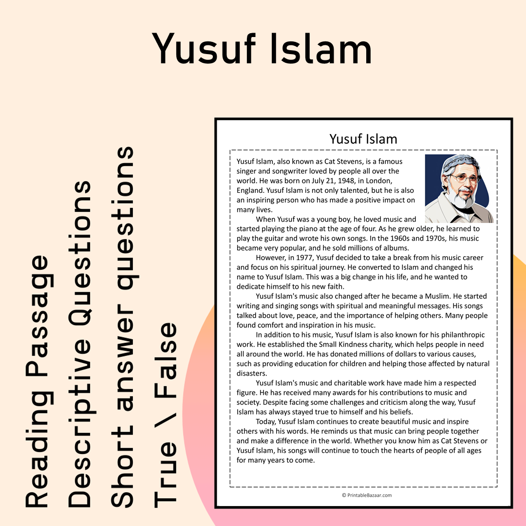 Yusuf Islam | Reading Comprehension Passage Printable Activity