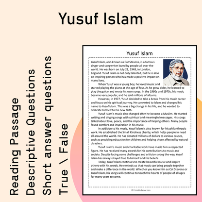 Yusuf Islam | Reading Comprehension Passage Printable Activity