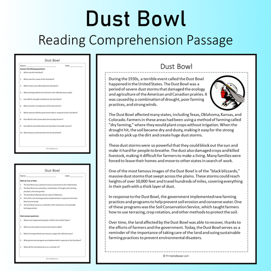 Dust Bowl | Reading Comprehension Passage Printable Worksheet