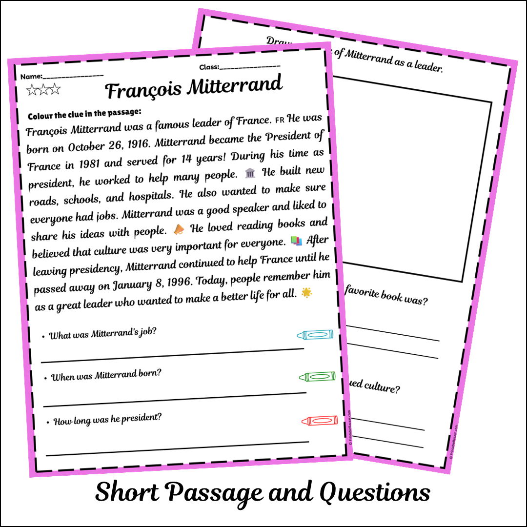 François Mitterrand | Short Reading Comprehension Creative Worksheet