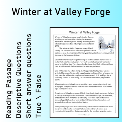 Winter at Valley Forge | Reading Comprehension Passage Printable Worksheet