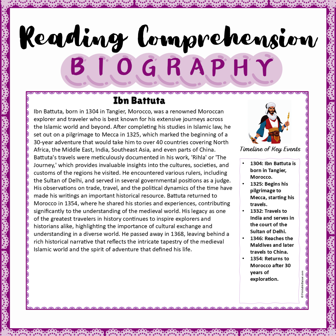 Ibn Battuta | Biography Reading Comprehension and Questions Worksheet