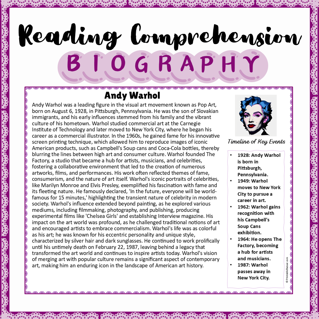 Andy Warhol | Biography Reading Comprehension and Questions Worksheet