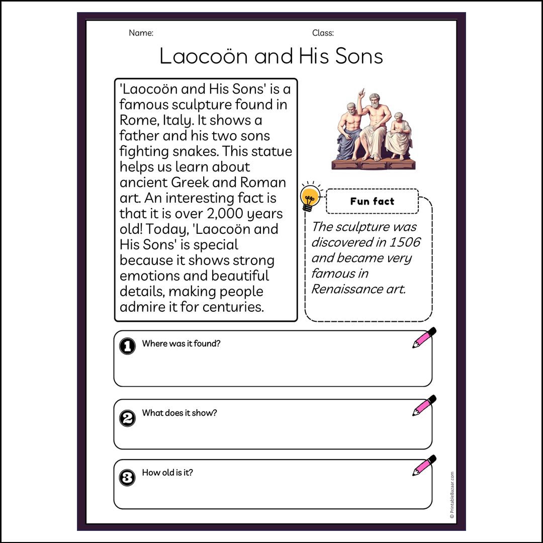 Laocoön and His Sons | Reading Passage Comprehension Questions Writing Facts Worksheet