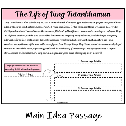 The Life of King Tutankhamun | Main Idea and Supporting Details Reading Passage and Questions