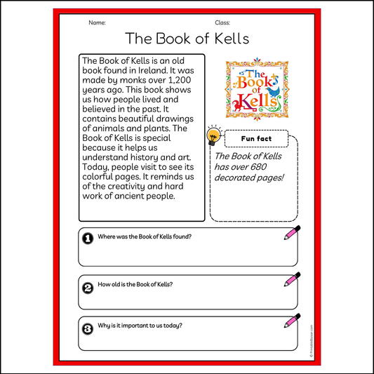 The Book of Kells | Reading Passage Comprehension Questions Writing Facts Worksheet