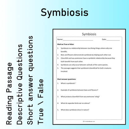 Symbiosis | Reading Comprehension Passage Printable Worksheet