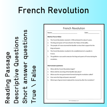 French Revolution | Reading Comprehension Passage Printable Worksheet