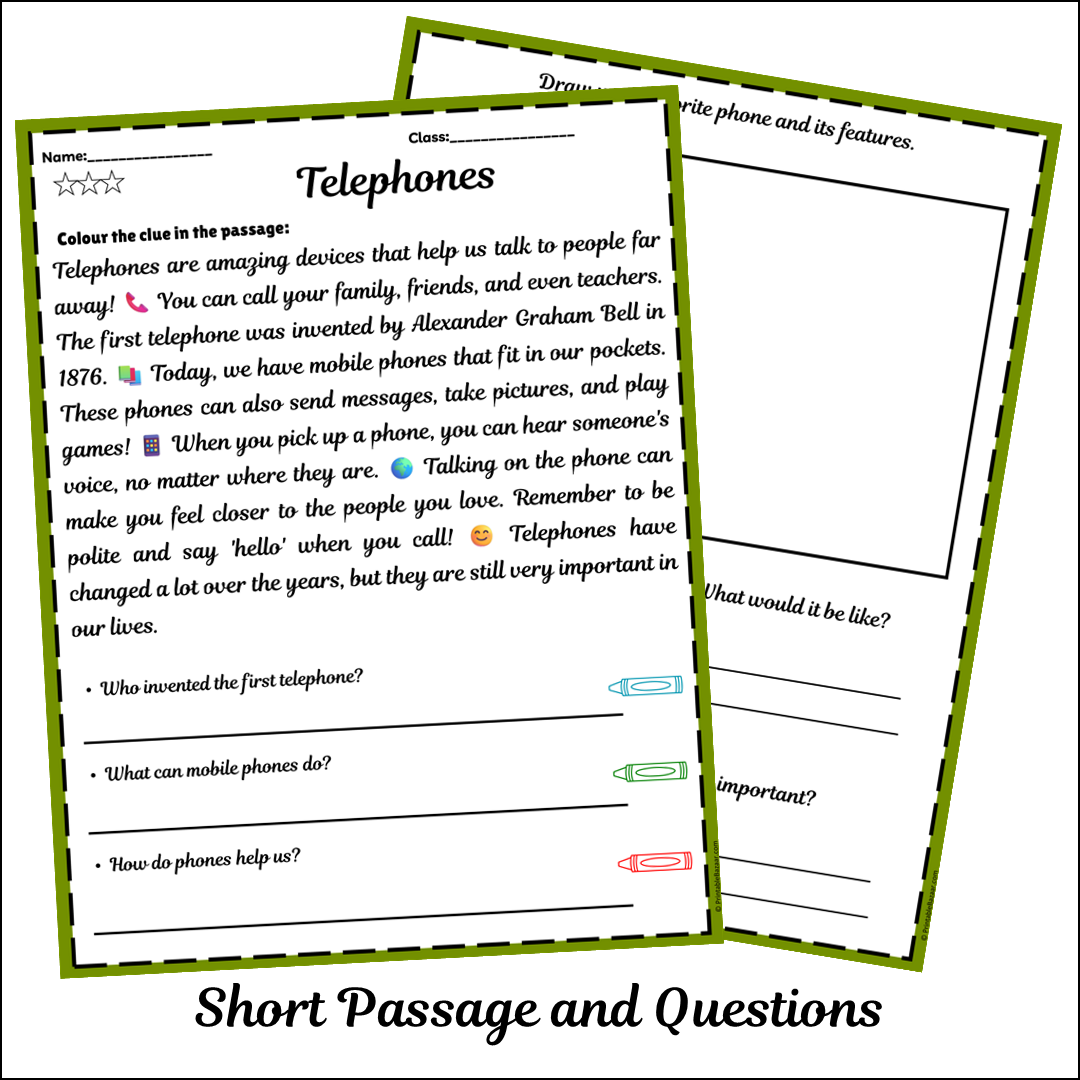 Telephones | Short Reading Comprehension Creative Worksheet