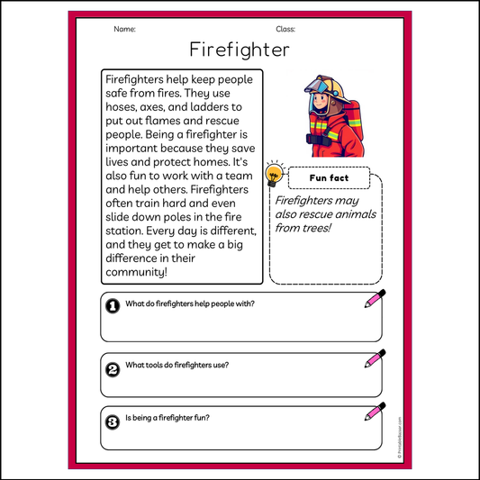 Firefighter | Reading Passage Comprehension Questions Writing Facts Worksheet