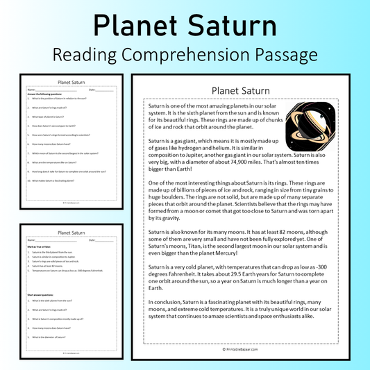Planet Saturn | Reading Comprehension Passage Printable Worksheet