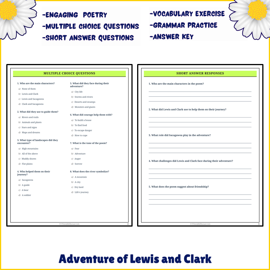 Adventure of Lewis and Clark | Poem Grammar Worksheet Printable Activity