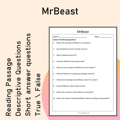 MrBeast | Reading Comprehension Passage Printable Activity