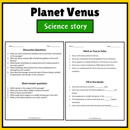 Planet Venus | Science Story Reading Comprehension Activity