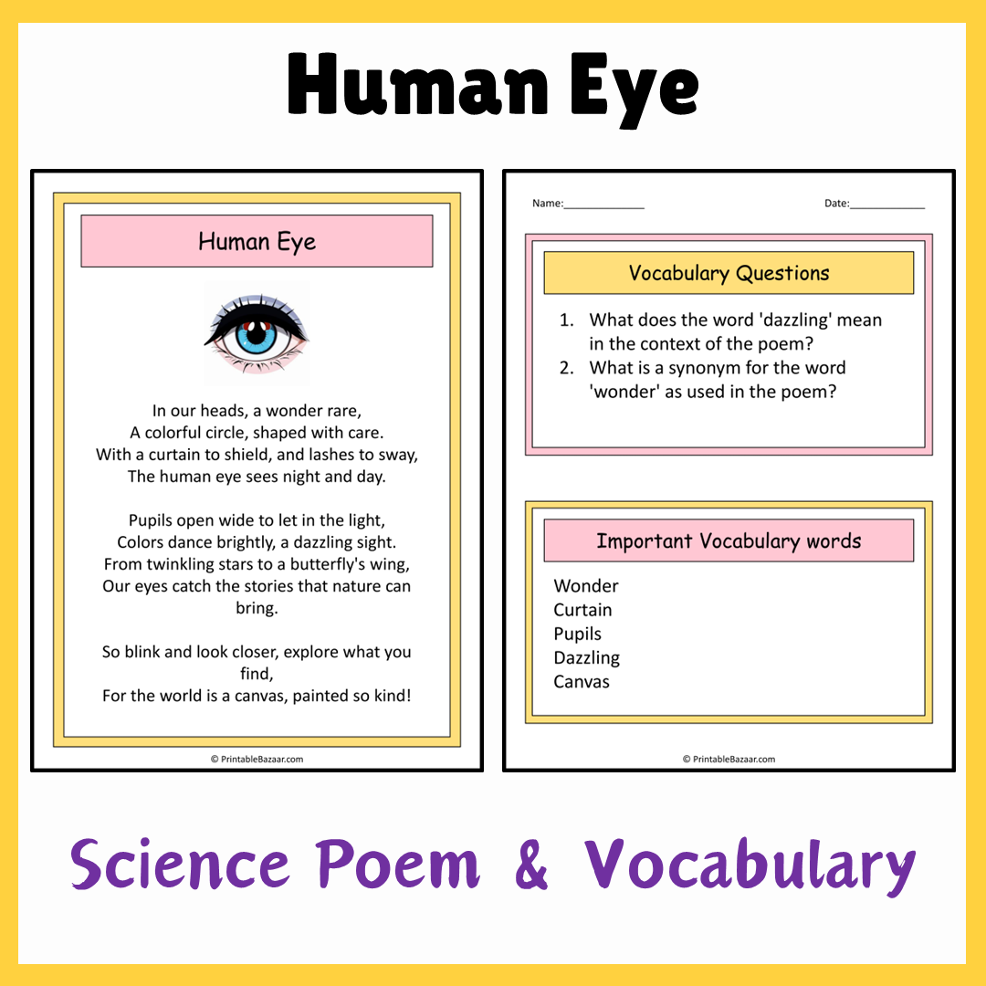 Human Eye | Science Poem Reading Comprehension Activity